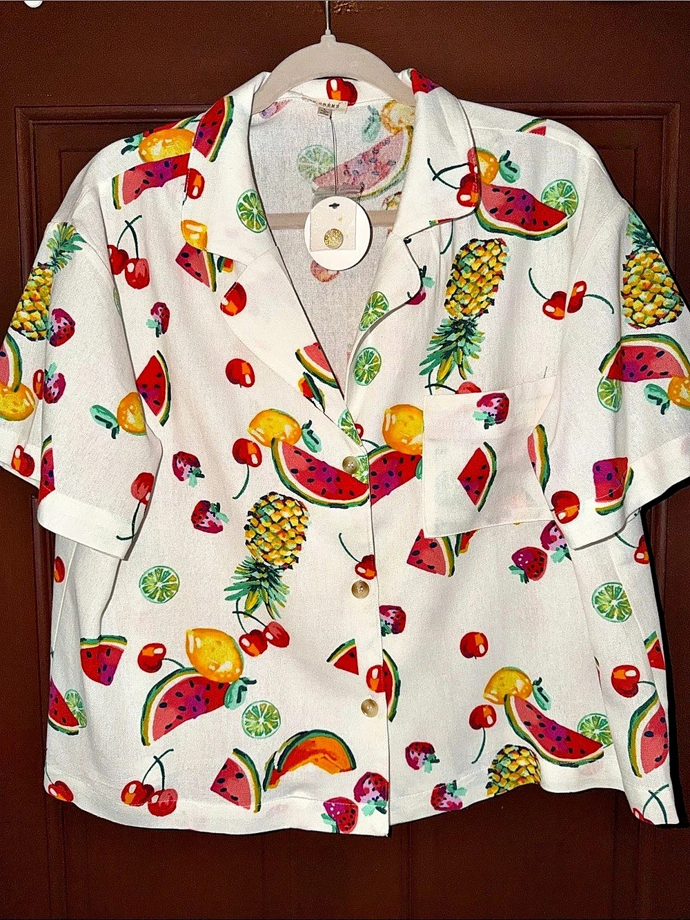 En Crème Fruit Print Button Front Shirt Women’s Large NWT Resort Vacation Top